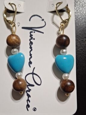 Vibrant Turquoise Heart & Wood Bead Drop Earrings